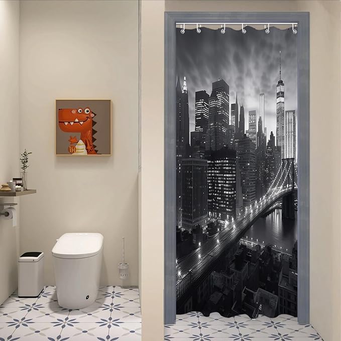 NYC Manhattan Brooklyn Bridge Shower Curtain New York Skyline Building Night View Shower Curtain Set with 12 Hooks 36x72 inch Polyester Machine Washable, Grey and White