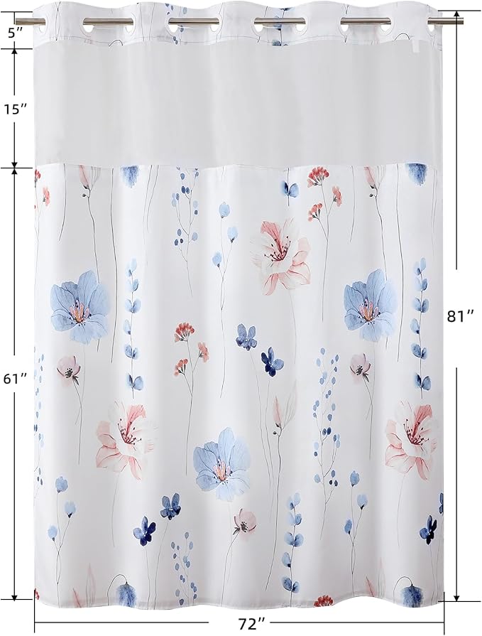 QiyI Flower Shower Curtain with Snap in Fabric Liner, Blue Watercolor Floral Cloth Bath Curtains, No Hook Shower Curtains with Mesh Top Window, Fabric Waterproof Bathroom Curtain Set, 72 x 81 Inch