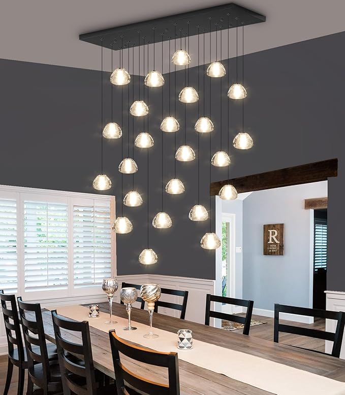 24-Lights Modern Rectangular Crystal Chandelier LED Raindrop Ceiling Pendant Light Crystal Lighting Fixture for Living Room Hotel Staircase Hallway Foyer Entryway Bedroom Black