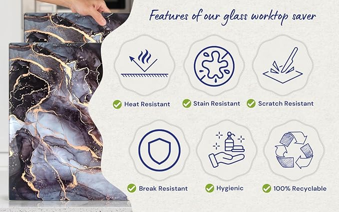 Glass Cutting Board 16"x12": Tempered Glass Kitchen Counter Protector - Durable- Scratch-Resistant, Heat-Proof - Design 8 - Grey & Gold