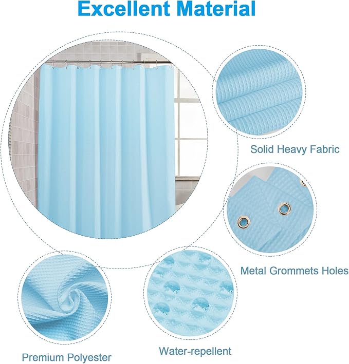 AmazerBath Waffle Shower Curtain, Baby Blue Fabric Long With Waffle Weave, Heavy Duty Hotel Quality for Bathroom, 72 x 78 Inches