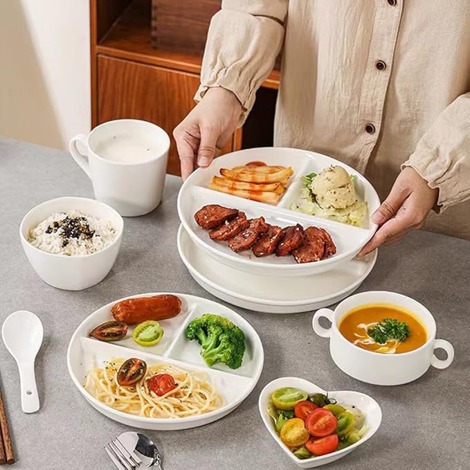 (5 Pack) Portion Control Plate for Balanced Eating, 9" Unbreakable Divided Plates,3 Compartment Plates, Reusable Plastic Plates, BPA Free for Kids Adults (White)