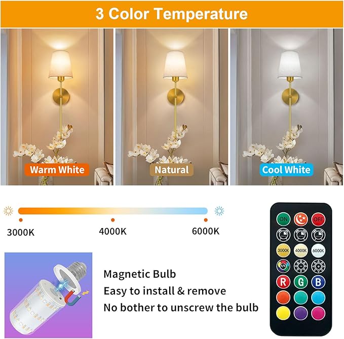 Auzev Battery Operated Wall Sconces Set of 2, Cordless Wall Lights for Living Room, Rechargeable Sconce Wall Decor Bedroom Wall Lamps with Remote Dimmable Sconce Lights No Wiring, Linen Shade