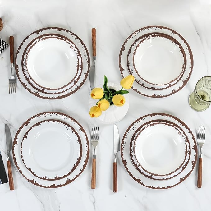 Melamine Dinnerware Set-12 Piece Melamine Plates and Bowls Set for 4,Lightweight yet Durable Dish Set,Camping/RV Unbreakable Serving Dishes, Dishwasher Safe, Off White