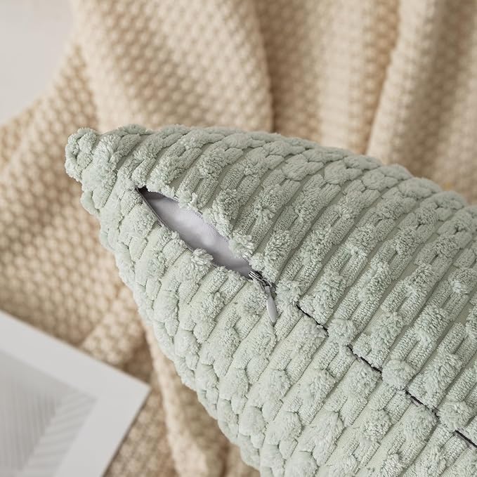Kevin Textile Pack of 2 Corduroy Decorative Throw Pillow Covers 16x16 Inch Spring Soft Boho Striped Pillow Covers Modern Farmhouse Home Decor for Spring Sofa Living Room Couch Bed Light Green