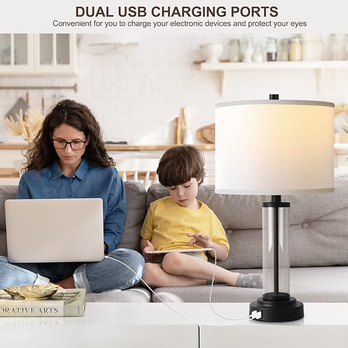 QiMH Touch Control Table Lamps Set of 2 with USB Ports, 3-Way Dimmable Bedside Lamp for Living Room Bedroom House, Modern Nightstand Lamp with 2 LED Bulbs(Black)