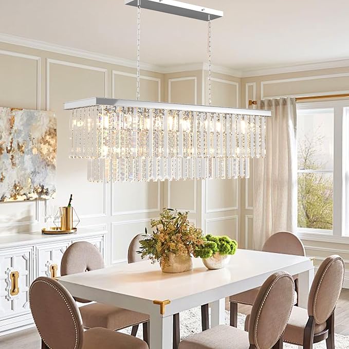 Rectangular Crystal Chandeliers for Dining Room, Modern Farmhouse Oval 16-Light Silver Linear Crystal Pendant Light for Kitchen Island Bar Living Room(L39inch)