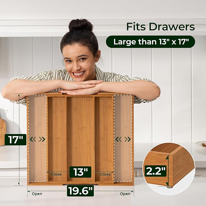 Carbonized Bamboo Kitchen Drawer Organizer, 5 Slots Expandable Silverware Organizer, Utensil Holder & Cutlery Tray, 2.2" Deep for Extra Capacity, Non-Slip Feet Included