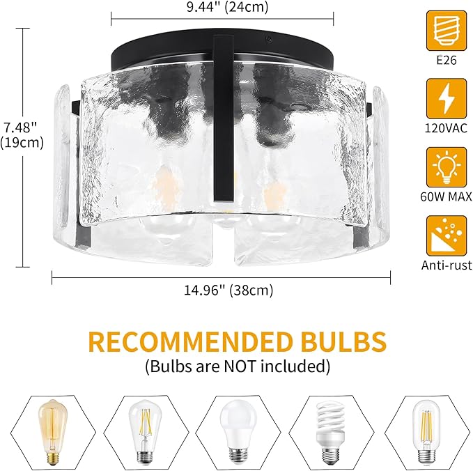 15'' Modern Black Semi Flush Mount Ceiling Light, Hallway Light Fixtures, 3-Light Glass Ceiling Lights for Entryway Kitchen Island Dining Room Foyer Bedroom Laundry Lighting Fixtures, UL-Listed