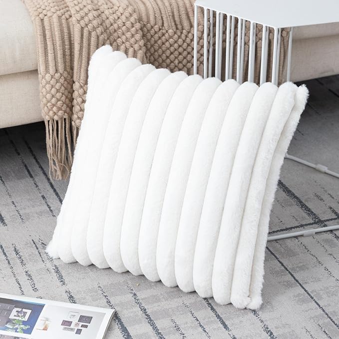 ZLINA Set of 2 Cream White Faux Fur Decorative Throw Pillow Covers Fluffy Striped Pillowcase Cushion Covers 16 x 16 Inch Decor Sofa Couch Bedroom