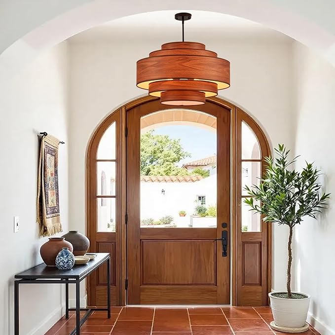 Farmhouse 26" Large Drum Wooden Chandelier Vintage 6-Lights Chandelier with Wooden Finish Linen Shade Retro Drum Chandeliers for Dining Room, Kitchen Island, Living Room, Bedroom