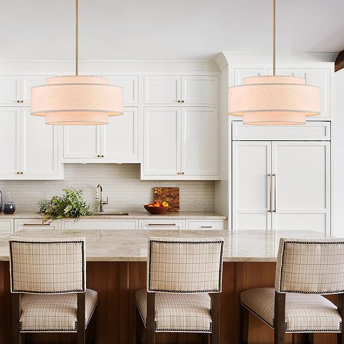 Modern 19.7" Drum Chandelier 4-Lights Vintage Modern Chandelier Light Fixture with Linen Shade Retro Farmhouse Drum Chandeliers for Dining Room, Kitchen Island, Living Room, Bedroom