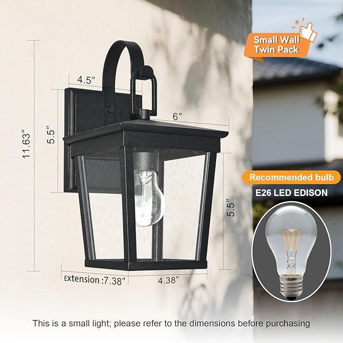ALVIME Outdoor Wall Light Fixtures, Waterproof Outdoor Sconce Lights, Exterior Wall Lanterns, Porch Outside Lighting for Entryway, Backyard, Patio, Garage, Clear Seeded Glass Black 2 Pack