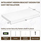 24 Inch Floating Shelves, 12 Inch Deep Floating Shelves for Wall, Floating Shelf with Invisible Brackets, Deep Shelves for Bathroom, Bedroom, Living Room, 2 Pack, White