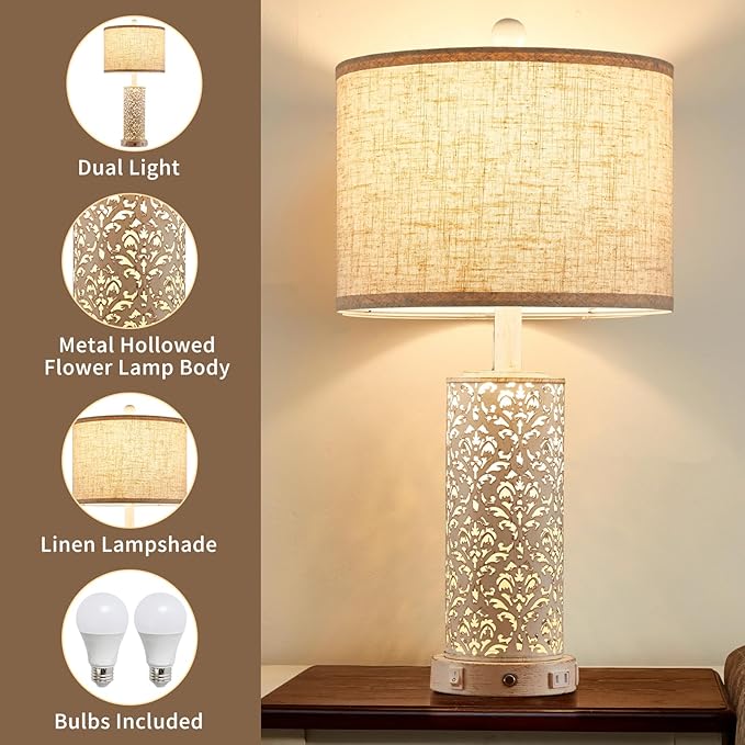 26" Set of 2 Farmhouse Table Lamp, 3-Way Dimmable Touch Control with Nightlight, 2 USB Ports + AC Outlet Vintage Rustic Bedside Lamp for Living Room Bedroom and Nightstand (White-2 Pack)