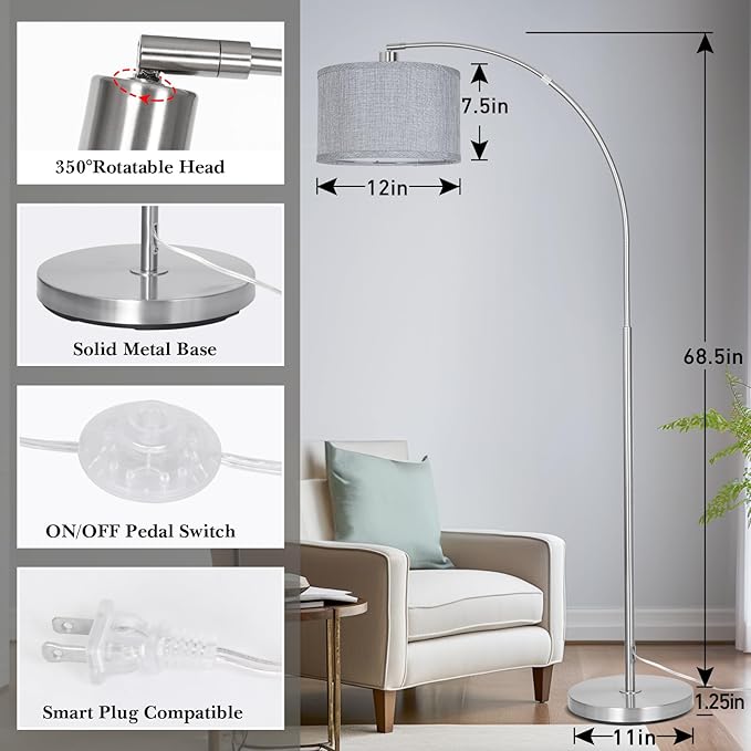 Silver Arc Floor Lamp for Living Room, Modern Standing Lamp with Adjustable Head Tall Pole Lamp with On/Off Pedal Switch Over Couch Arched Tall standing light for Reading Bedroom 8W LED Bulb Included