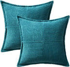 MIULEE Decorative Throw Pillow Covers for Couch Bed Livingroom 20x20 Inch Set of 2 Teal Blue Boho Accent Throw Pllows Broadside Striped Patchwork Soft Corduroy Summer Coastal Pillowcases