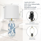 24.25" Blue Ceramic Table Lamp for Living Room, Classic Blue and White Lamp for End Table, Blue Birds and Flowers Lamps, Traditional China Nightstand Lamp for Bedroom