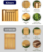 Kitsure Large Bamboo Silverware Organizer - Expandable Drawer Organizer for Utensil, Cutlery and Flatware, Kitchen Storage Solution with 6 to 8 Slots, Natural, 18.7" × 12.8" × 1.8"