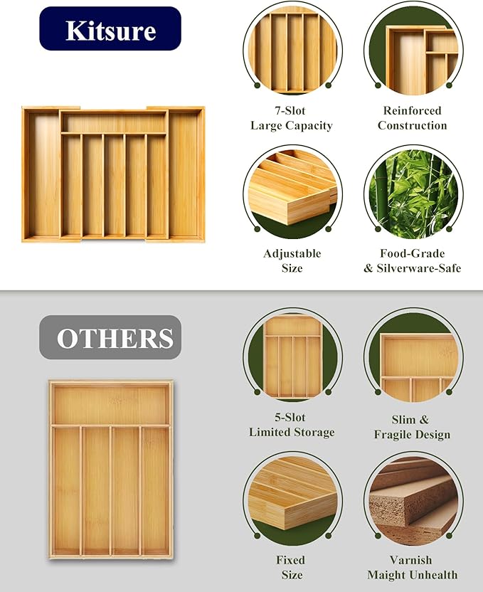 Kitsure Large Bamboo Silverware Organizer - Expandable Drawer Organizer for Utensil, Cutlery and Flatware, Kitchen Storage Solution with 6 to 8 Slots, Natural, 18.7" × 12.8" × 1.8"