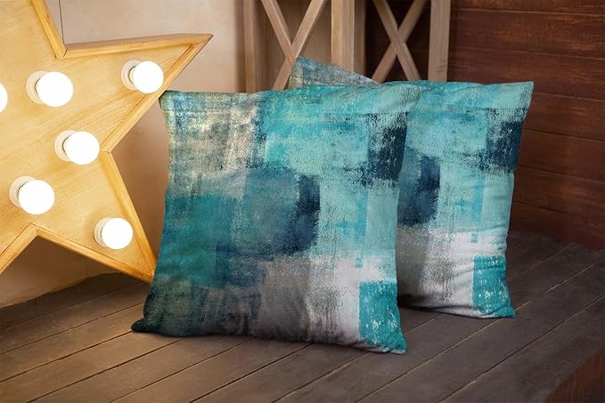 CAPSCEOLL Turquoise and Grey Art Artwork Throw Pillow Covers,Decorative Throw Pillow Covers 16 X 16 Inches Set of 2 Pillow Cases Decorative,Abstract Oil Painting Pillowcases for Bedroom,Living Room