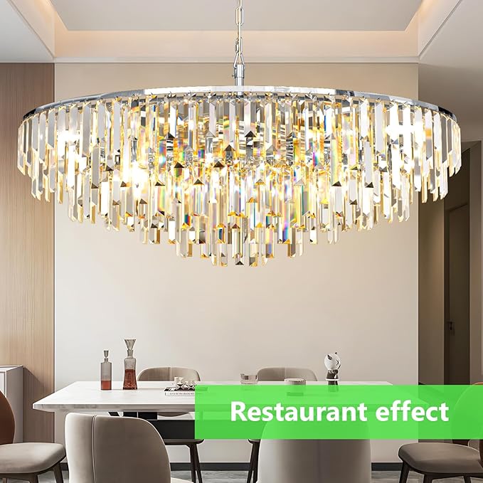 Chrome Modern Round Top K9 Crystal Chandelier Lighting Fixture, 17 Lights Round K9 Crystal Adjustable Hanging Lamp for Dining Room Bedroom Living Room,Hallway,Bar,Kitchen W39''