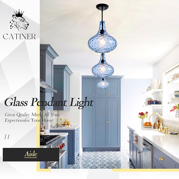 11" Hand-Blown Blue Glass Pendant Light, Modern Hammered Glass Hanging Light Fixture with Black Finish, Adjustable Ceiling Pendant Lighting for Kitchen Island, Dining Room, Living Room