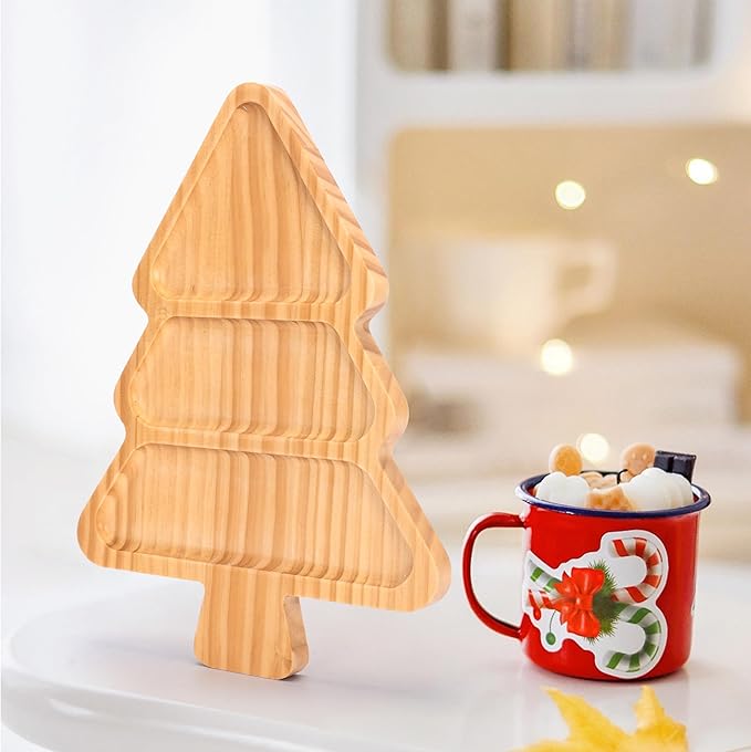 Christmas Tree Shaped Wooden Serving Tray - 12" Charcuterie Board for Cheese, Snacks, Appetizers & Desserts - Holiday Platter with Handles, Christmas Decorative Tray (12 x 8.7 x 0.6 Inches)