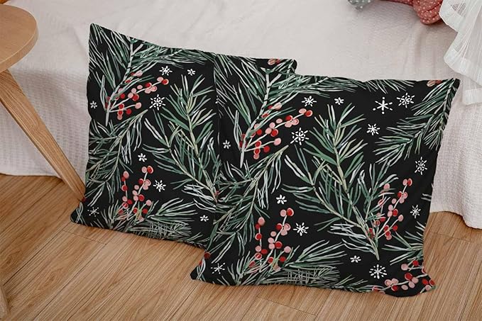 CAPSCEOLL 2PCS Black Branch Covers for Throw Pillows 18X18Inch Winter Christmas Berries Black Botanical Green Floral Forest Snowflakes Washable Pillow Covers for Bedroom Sofa Soft Throw Pillow Covers