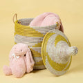 Small Yellow Basket - Organize Bedroom, Living Room, Nursery - Laundry Hamper, Toy Bin, Blanket Storage, Towels Holder - Decorative, Boho Style - Wicker, Woven, Lid, Handles