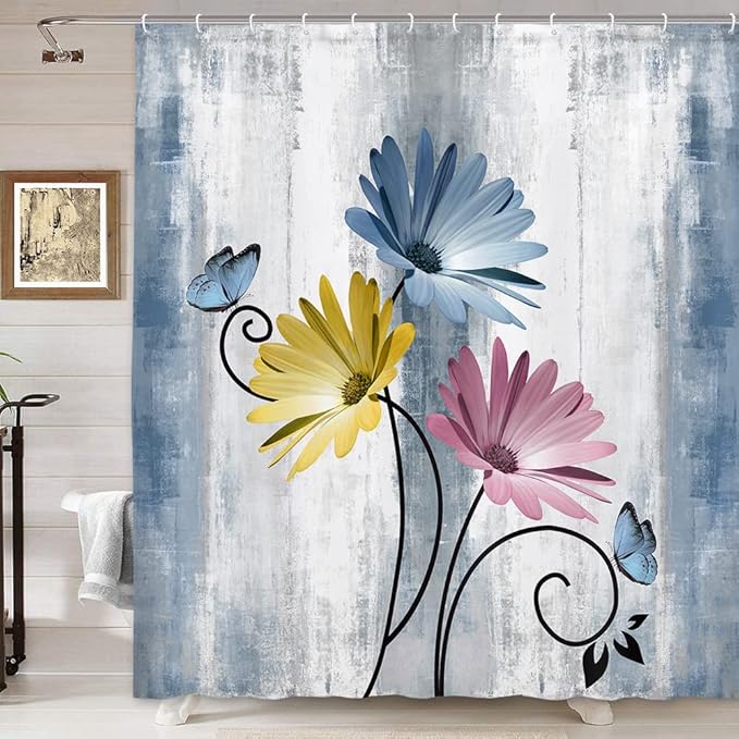 Rustic Farmhouse Shower Curtain, Farm Blue Daisy Floral Flowers and Butterfly on Country Wooden Shower Curtain for Bathroom, Turquoise Pink Yellow Bathroom Shower Curtains with 12PCS Hooks, 70X84IN