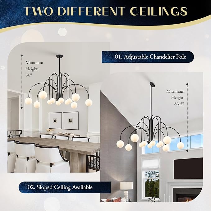 L52” Modern Sputnik Chandelier Large 12 Lights Mid Century Milk Glass Globe Ceiling Pendant Lighting Luxury for High Ceiling Foyer Staircase Living Dining Room