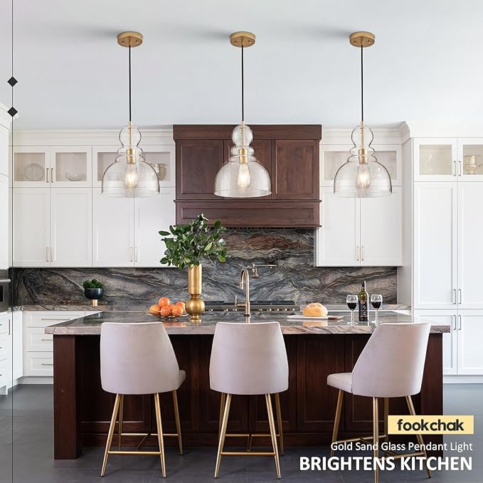 Gold Pendant Lights Kitchen Island, Large Gold Sand Glass Pendant Lighting Over Table 10inch Modern Brass Ceiling Island Light for Kitchen Sink Hallway Entrance