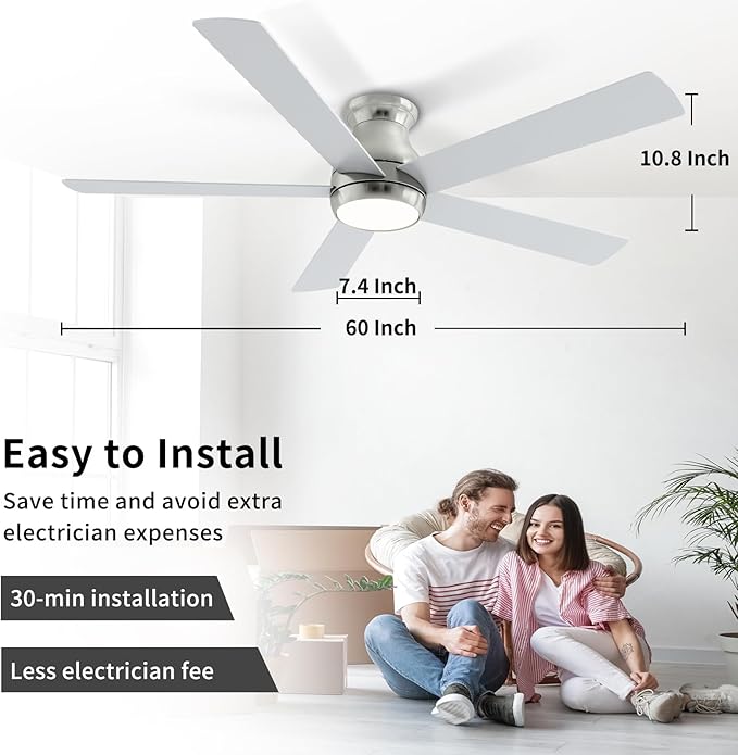 60 Inch Brushed Nickel Ceiling Fans with Lights and Remote, LED Low Profile Flush Mount Ceiling Fan for Bedroom, Living Room, Quiet DC Motor, Dimmable 6 Speeds
