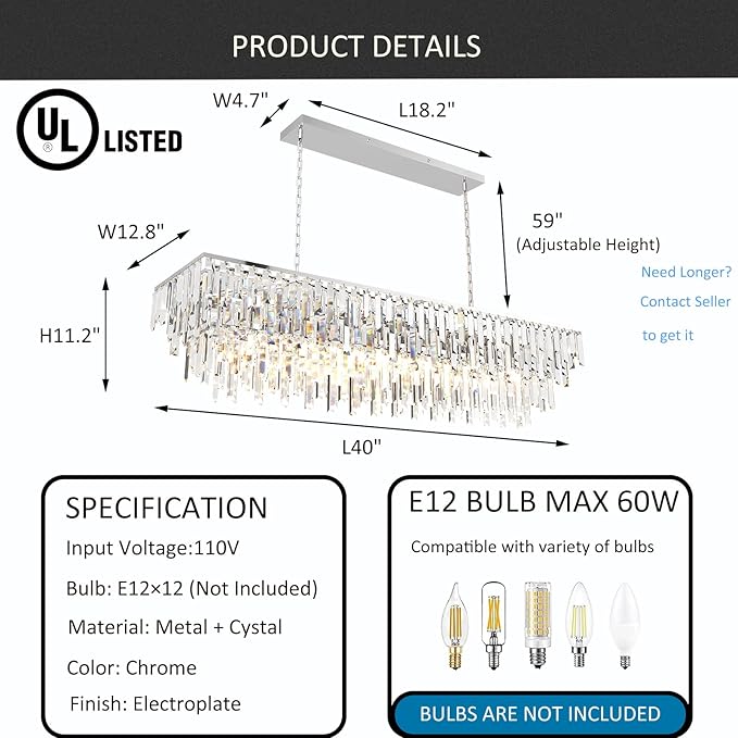 Rectangle Chandeliers for Dining Room, 40" Chrome Modern Top K9 Rectangle Crystal Chandelier 12 Lights Rectangular Adjustable Pendant Ceiling Light Fixture for Dining Room Kitchen Island