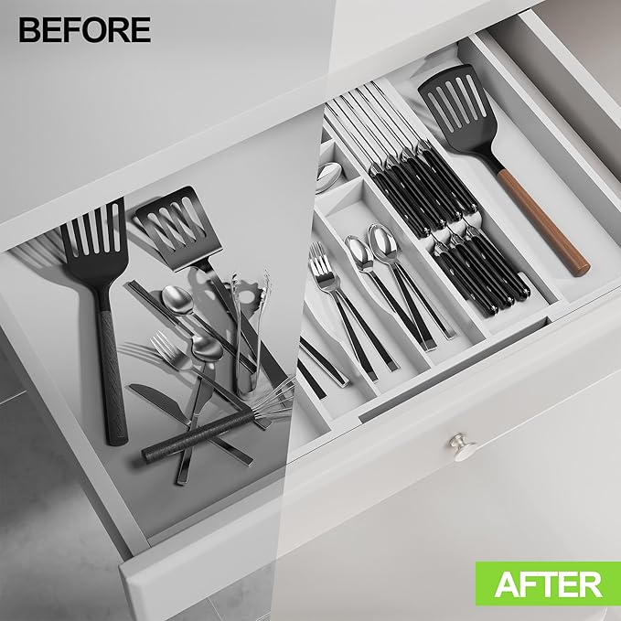 Bamboo Kitchen Drawer Organizer, Expandable Utensil Organizer with Removable Knife Block, Cutlery Tray Holder with Divider, Adjustable Silverware Organizer, White