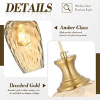Glass Pendant Lights Kitchen Island 2 Pack, Gold Vintage Pendant Light Fixtures with Hand-Blown Hammered Amber Glass, Farmhouse Modern Brass Hanging Light for Kitchen Sink Dining Room Bedroom