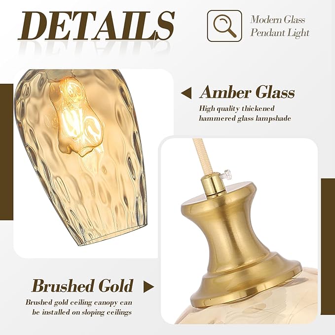Glass Pendant Lights Kitchen Island, 1-Light Gold Pendant Light Fixtures with Hammered Amber Glass, Vintage Hanging Light for Kitchen Sink Dining Room Bedroom, E26