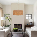Hand-Woven Rattan Chandelier Vintage Farmhouse Boho Bamboo Golden Chandelier Light Fixture Retro Drum Wicker Gold Chandeliers for Dining Room, Kitchen Island, Living Room