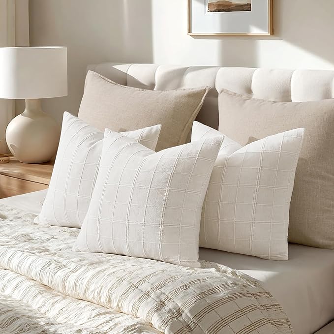Woaboy Linen Check Throw Pillow Covers Set of 2 - Cream White Farmhouse Modern Boho Vintage Christmas Decorative Cushion Covers for Sofa Couch Bedroom Living Room Decor 22x22 Inch