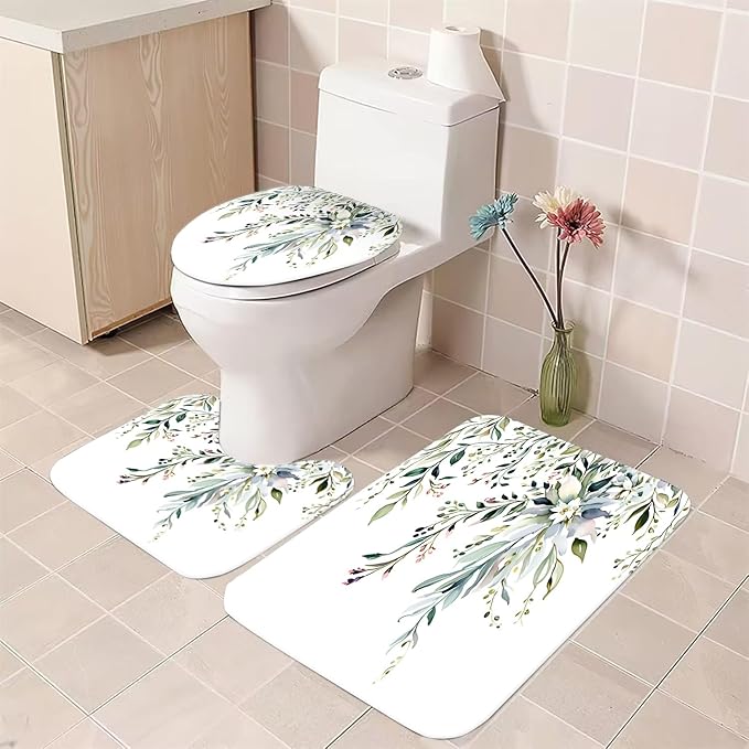 Elegant Floral Shower Curtain Sets with 12 Hooks, Bath Mat, Toilet Lid Cover, U Shaped Rugs, Watercolor Plant Green Leaves Waterproof, Washable Fabric,70.8 x 70.8 inches.
