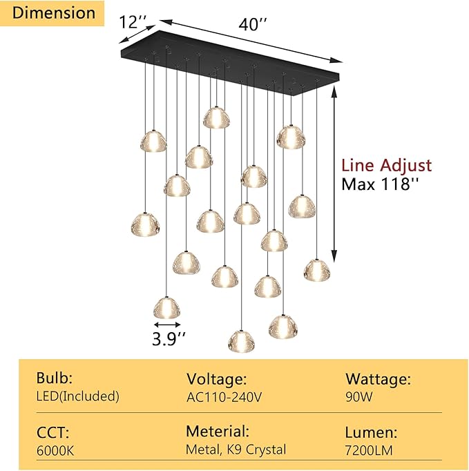 Crystal Rectangular Chandeliers for Living Room Dining Room Light LED Pendant Lights Fixtures Lighting Chandelier for Foyer Entrance Black