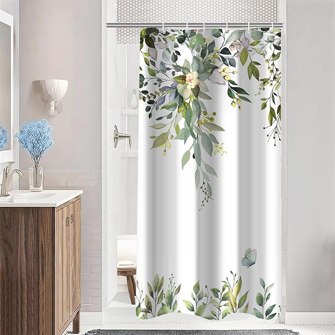 Eucalyptus Shower Curtain, Sage Green Watercolor Leaves with Floral Botanical Bathroom Decor, Waterproof Fabric Bath Curtain Set with Hooks, 36x72 Inches