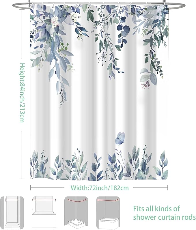 Eucalyptus Shower Curtain, Blue Watercolor Leaves with Floral Botanical Bathroom Decor, Waterproof Fabric Bath Curtain Set with Hooks, 72x84 Inches