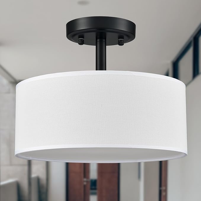 Modern Black Light Fixture Ceiling Mount Flush Mount Drum Ceiling Light Fixture 3 Light Semi Flush Mount Ceiling Light for Hallway Bedroom Entryway Foyer Office