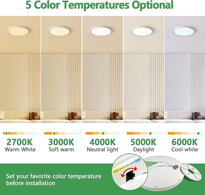 20 Inch Dimmable LED Flush Mount Ceiling Light, 40W,4350LM, 2700K/3000K/4000K/5000K/6000K CCT Selectable,White Round Flat Panel Low Profile Ceiling Light Fitures for Kitchen/Bedroom/Living Room