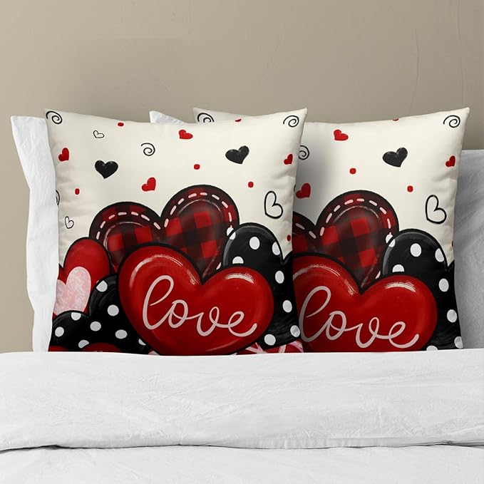 Valentines Day Pillow Covers 18x18 Inch Set of 2, Red Black Plaid Dots Hearts and Love Design Square Pillowcases for Sofa Couch Bed Chair Indoor Outdoor Home Decor