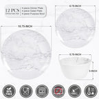 12-Piece Melamine Dinnerware Sets, Modern White Round Dish Set for 4 - Serving Plates and Bowls Sets for Snack, Dessert, Salad, Soup, Pasta - White Marble Pattern