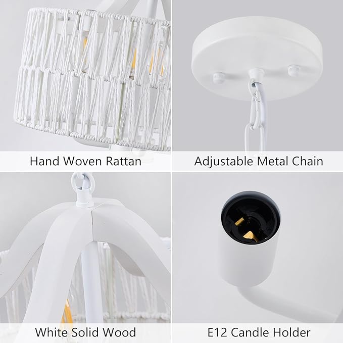 Rattan Chandelier for Dining Room, 4-Light Pendant Light Fixture with White Drum Shade, Adjustable Woven Wicker Flush Mount Ceiling Light, Modern Hanging Lighting for Kitchen Island Entryway