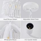 Rattan Chandelier for Dining Room, 4-Light Pendant Light Fixture with White Drum Shade, Adjustable Woven Wicker Flush Mount Ceiling Light, Modern Hanging Lighting for Kitchen Island Entryway